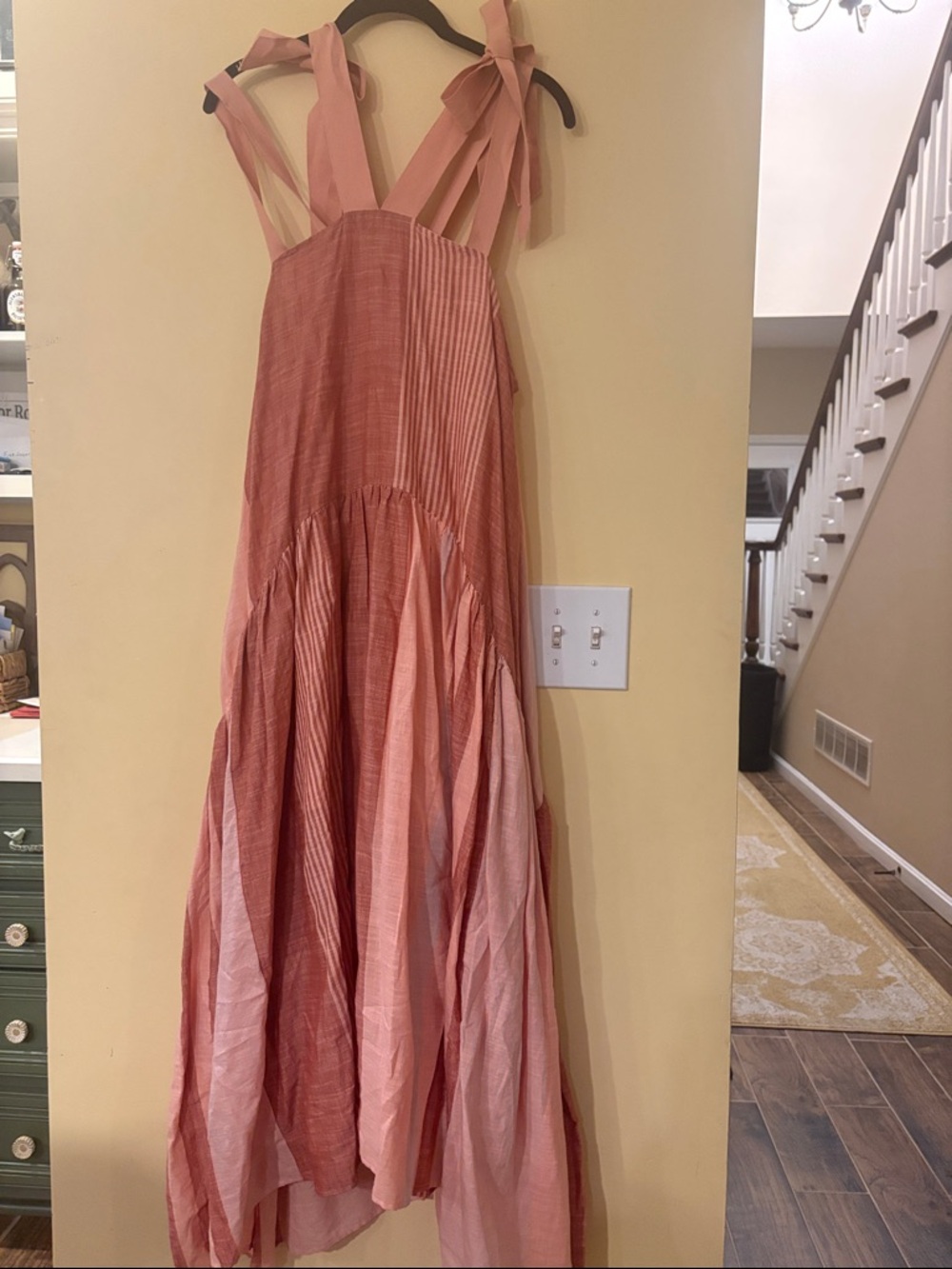 Free People Blush Pink Striped Tiered Maxi Dress with Tie Straps